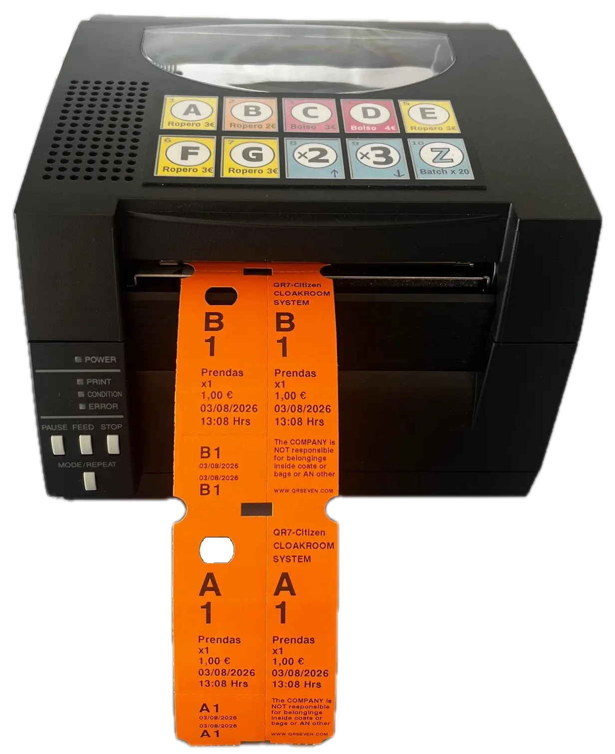 Impresora de guardarropa QR Seven con teclado de tarifas imprimiendo tickets naranjas